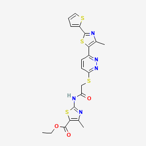 molecular formula C21H19N5O3S4 B11229128 Ethyl 4-methyl-2-(2-((6-(4-methyl-2-(thiophen-2-yl)thiazol-5-yl)pyridazin-3-yl)thio)acetamido)thiazole-5-carboxylate 