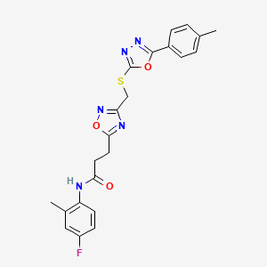 molecular formula C22H20FN5O3S B11230935 N-(4-fluoro-2-methylphenyl)-3-[3-({[5-(4-methylphenyl)-1,3,4-oxadiazol-2-yl]sulfanyl}methyl)-1,2,4-oxadiazol-5-yl]propanamide 