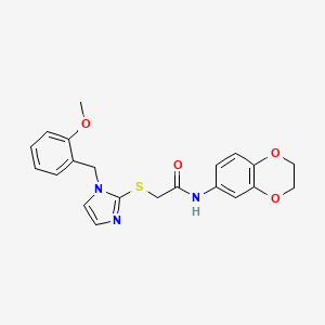 molecular formula C21H21N3O4S B11232761 N-(2,3-dihydrobenzo[b][1,4]dioxin-6-yl)-2-((1-(2-methoxybenzyl)-1H-imidazol-2-yl)thio)acetamide 