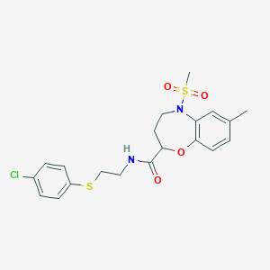 molecular formula C20H23ClN2O4S2 B11233471 N-{2-[(4-chlorophenyl)sulfanyl]ethyl}-7-methyl-5-(methylsulfonyl)-2,3,4,5-tetrahydro-1,5-benzoxazepine-2-carboxamide 