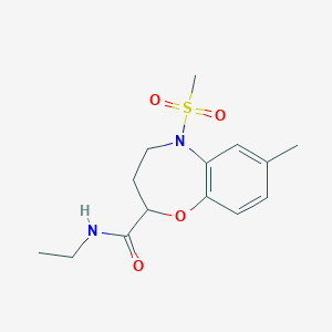 molecular formula C14H20N2O4S B11234315 N-ethyl-7-methyl-5-(methylsulfonyl)-2,3,4,5-tetrahydro-1,5-benzoxazepine-2-carboxamide 