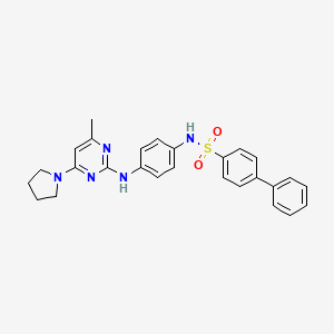 molecular formula C27H27N5O2S B11235348 N-(4-((4-methyl-6-(pyrrolidin-1-yl)pyrimidin-2-yl)amino)phenyl)-[1,1'-biphenyl]-4-sulfonamide 