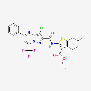 molecular formula C26H22ClF3N4O3S B11236561 Ethyl 2-({[3-chloro-5-phenyl-7-(trifluoromethyl)pyrazolo[1,5-a]pyrimidin-2-yl]carbonyl}amino)-6-methyl-4,5,6,7-tetrahydro-1-benzothiophene-3-carboxylate 
