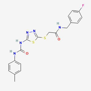 molecular formula C19H18FN5O2S2 B11240549 N-(4-fluorobenzyl)-2-((5-(3-(p-tolyl)ureido)-1,3,4-thiadiazol-2-yl)thio)acetamide 
