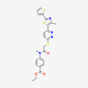 molecular formula C23H20N4O3S3 B11242518 Ethyl 4-(2-((6-(4-methyl-2-(thiophen-2-yl)thiazol-5-yl)pyridazin-3-yl)thio)acetamido)benzoate 