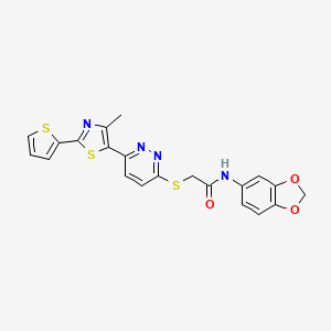 molecular formula C21H16N4O3S3 B11243042 N-(benzo[d][1,3]dioxol-5-yl)-2-((6-(4-methyl-2-(thiophen-2-yl)thiazol-5-yl)pyridazin-3-yl)thio)acetamide 