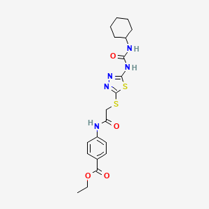 molecular formula C20H25N5O4S2 B11243219 Ethyl 4-(2-((5-(3-cyclohexylureido)-1,3,4-thiadiazol-2-yl)thio)acetamido)benzoate 