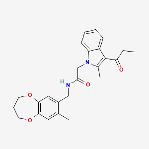 molecular formula C25H28N2O4 B11244269 N-[(8-methyl-3,4-dihydro-2H-1,5-benzodioxepin-7-yl)methyl]-2-(2-methyl-3-propanoyl-1H-indol-1-yl)acetamide 