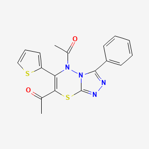 molecular formula C18H14N4O2S2 B11246037 1,1'-[3-phenyl-6-(thiophen-2-yl)-5H-[1,2,4]triazolo[3,4-b][1,3,4]thiadiazine-5,7-diyl]diethanone 