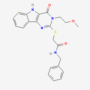 molecular formula C22H22N4O3S B11246313 N-benzyl-2-((3-(2-methoxyethyl)-4-oxo-4,5-dihydro-3H-pyrimido[5,4-b]indol-2-yl)thio)acetamide 