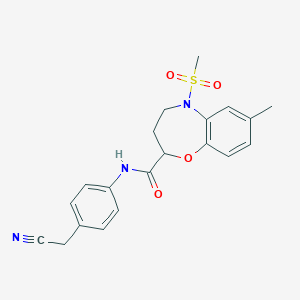 molecular formula C20H21N3O4S B11247173 N-[4-(Cyanomethyl)phenyl]-5-methanesulfonyl-7-methyl-2,3,4,5-tetrahydro-1,5-benzoxazepine-2-carboxamide 