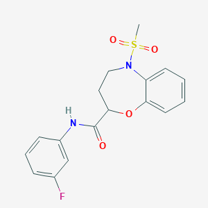 molecular formula C17H17FN2O4S B11247569 N-(3-fluorophenyl)-5-(methylsulfonyl)-2,3,4,5-tetrahydro-1,5-benzoxazepine-2-carboxamide 