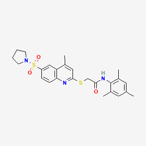 molecular formula C25H29N3O3S2 B11248318 2-{[4-methyl-6-(pyrrolidin-1-ylsulfonyl)quinolin-2-yl]sulfanyl}-N-(2,4,6-trimethylphenyl)acetamide 