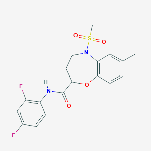 molecular formula C18H18F2N2O4S B11248362 N-(2,4-difluorophenyl)-7-methyl-5-(methylsulfonyl)-2,3,4,5-tetrahydro-1,5-benzoxazepine-2-carboxamide 