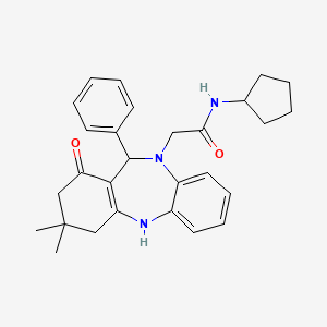 molecular formula C28H33N3O2 B11250905 N-cyclopentyl-2-(3,3-dimethyl-1-oxo-11-phenyl-1,2,3,4,5,11-hexahydro-10H-dibenzo[b,e][1,4]diazepin-10-yl)acetamide 