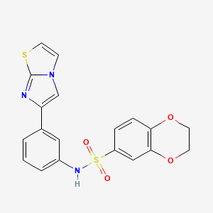 molecular formula C19H15N3O4S2 B11251186 N-(3-(imidazo[2,1-b]thiazol-6-yl)phenyl)-2,3-dihydrobenzo[b][1,4]dioxine-6-sulfonamide 