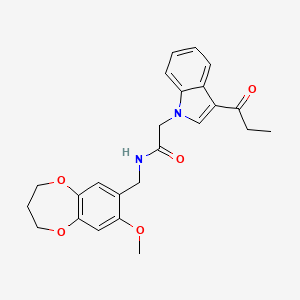 molecular formula C24H26N2O5 B11251465 N-[(8-methoxy-3,4-dihydro-2H-1,5-benzodioxepin-7-yl)methyl]-2-(3-propanoyl-1H-indol-1-yl)acetamide 