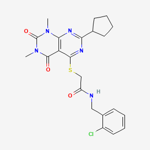 molecular formula C22H24ClN5O3S B11254740 N-(2-chlorobenzyl)-2-((2-cyclopentyl-6,8-dimethyl-5,7-dioxo-5,6,7,8-tetrahydropyrimido[4,5-d]pyrimidin-4-yl)thio)acetamide 