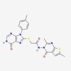 molecular formula C22H19N7O3S2 B11255740 N-(2,6-dimethyl-4-oxothieno[2,3-d]pyrimidin-3(4H)-yl)-2-{[9-(4-methylphenyl)-6-oxo-6,9-dihydro-1H-purin-8-yl]sulfanyl}acetamide 