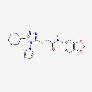 molecular formula C21H23N5O3S B11256465 N-(1,3-benzodioxol-5-yl)-2-{[5-cyclohexyl-4-(1H-pyrrol-1-yl)-4H-1,2,4-triazol-3-yl]sulfanyl}acetamide 