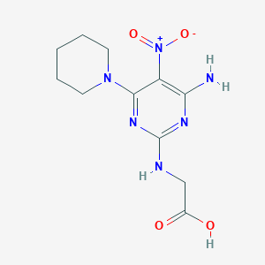 molecular formula C11H16N6O4 B11256583 2-((4-Amino-5-nitro-6-(piperidin-1-yl)pyrimidin-2-yl)amino)acetic acid 