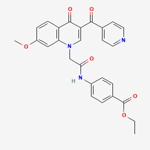 molecular formula C27H23N3O6 B11256780 Ethyl 4-{2-[7-methoxy-4-oxo-3-(pyridine-4-carbonyl)-1,4-dihydroquinolin-1-YL]acetamido}benzoate 