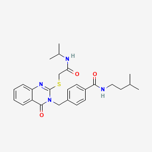 molecular formula C26H32N4O3S B11258046 N-(3-methylbutyl)-4-{[4-oxo-2-({[(propan-2-yl)carbamoyl]methyl}sulfanyl)-3,4-dihydroquinazolin-3-yl]methyl}benzamide 