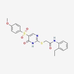 molecular formula C21H21N3O5S2 B11262238 N-(2-ethylphenyl)-2-{[5-(4-methoxybenzenesulfonyl)-6-oxo-1,6-dihydropyrimidin-2-yl]sulfanyl}acetamide 