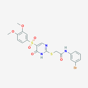 molecular formula C20H18BrN3O6S2 B11262273 N-(3-bromophenyl)-2-({5-[(3,4-dimethoxyphenyl)sulfonyl]-6-oxo-1,6-dihydropyrimidin-2-yl}sulfanyl)acetamide 
