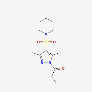 molecular formula C14H23N3O3S B11262603 1-(3,5-dimethyl-4-((4-methylpiperidin-1-yl)sulfonyl)-1H-pyrazol-1-yl)propan-1-one 