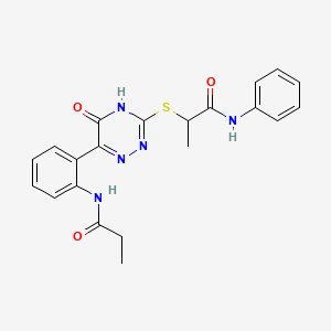 molecular formula C21H21N5O3S B11273904 2-{[5-Oxo-6-(2-propanamidophenyl)-4,5-dihydro-1,2,4-triazin-3-YL]sulfanyl}-N-phenylpropanamide 