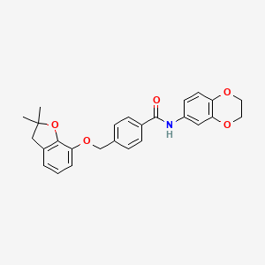 molecular formula C26H25NO5 B11274276 N-(2,3-dihydrobenzo[b][1,4]dioxin-6-yl)-4-(((2,2-dimethyl-2,3-dihydrobenzofuran-7-yl)oxy)methyl)benzamide 