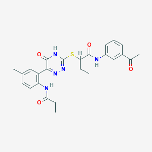 molecular formula C25H27N5O4S B11274890 N-(3-Acetylphenyl)-2-{[6-(5-methyl-2-propanamidophenyl)-5-oxo-4,5-dihydro-1,2,4-triazin-3-YL]sulfanyl}butanamide 