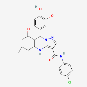 molecular formula C26H25ClN4O4 B11275048 N-(4-chlorophenyl)-9-(4-hydroxy-3-methoxyphenyl)-6,6-dimethyl-8-oxo-4,5,6,7,8,9-hexahydropyrazolo[5,1-b]quinazoline-3-carboxamide 