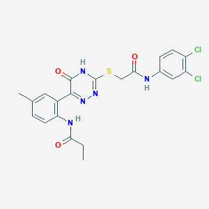 molecular formula C21H19Cl2N5O3S B11275224 N-{2-[3-({[(3,4-Dichlorophenyl)carbamoyl]methyl}sulfanyl)-5-oxo-4,5-dihydro-1,2,4-triazin-6-YL]-4-methylphenyl}propanamide 