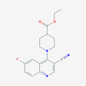 molecular formula C18H18FN3O2 B11277600 Ethyl 1-(3-cyano-6-fluoroquinolin-4-yl)piperidine-4-carboxylate 