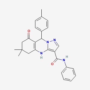 molecular formula C26H26N4O2 B11277908 6,6-dimethyl-9-(4-methylphenyl)-8-oxo-N-phenyl-4,5,6,7,8,9-hexahydropyrazolo[5,1-b]quinazoline-3-carboxamide 