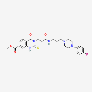 molecular formula C26H30FN5O4S B11279819 Methyl 3-(3-((3-(4-(4-fluorophenyl)piperazin-1-yl)propyl)amino)-3-oxopropyl)-4-oxo-2-thioxo-1,2,3,4-tetrahydroquinazoline-7-carboxylate 