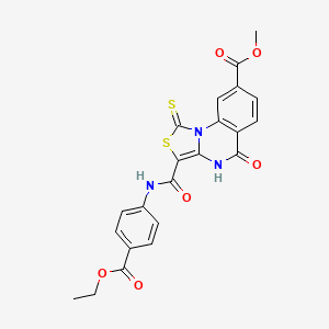 molecular formula C22H17N3O6S2 B11280075 methyl 3-((4-(ethoxycarbonyl)phenyl)carbamoyl)-5-oxo-1-thioxo-4,5-dihydro-1H-thiazolo[3,4-a]quinazoline-8-carboxylate 