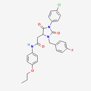 molecular formula C27H25ClFN3O4 B11280938 2-[1-(4-chlorophenyl)-3-(4-fluorobenzyl)-2,5-dioxoimidazolidin-4-yl]-N-(4-propoxyphenyl)acetamide 