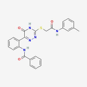 molecular formula C25H21N5O3S B11281290 N-{2-[3-({[(3-Methylphenyl)carbamoyl]methyl}sulfanyl)-5-oxo-4,5-dihydro-1,2,4-triazin-6-YL]phenyl}benzamide 