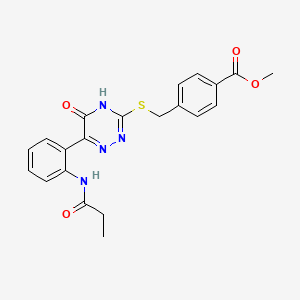 molecular formula C21H20N4O4S B11282710 Methyl 4-({[5-oxo-6-(2-propanamidophenyl)-4,5-dihydro-1,2,4-triazin-3-YL]sulfanyl}methyl)benzoate 