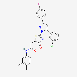 molecular formula C28H24ClFN4O2S B11282744 2-{2-[5-(3-chlorophenyl)-3-(4-fluorophenyl)-4,5-dihydro-1H-pyrazol-1-yl]-4-oxo-4,5-dihydro-1,3-thiazol-5-yl}-N-(3,4-dimethylphenyl)acetamide 