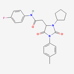 molecular formula C23H24FN3O3 B11282922 2-[3-cyclopentyl-1-(4-methylphenyl)-2,5-dioxoimidazolidin-4-yl]-N-(4-fluorophenyl)acetamide 