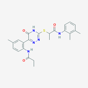 molecular formula C24H27N5O3S B11283105 N-(2,3-Dimethylphenyl)-2-{[6-(5-methyl-2-propanamidophenyl)-5-oxo-4,5-dihydro-1,2,4-triazin-3-YL]sulfanyl}propanamide 