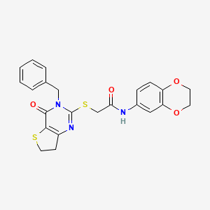 molecular formula C23H21N3O4S2 B11283346 2-((3-benzyl-4-oxo-3,4,6,7-tetrahydrothieno[3,2-d]pyrimidin-2-yl)thio)-N-(2,3-dihydrobenzo[b][1,4]dioxin-6-yl)acetamide 