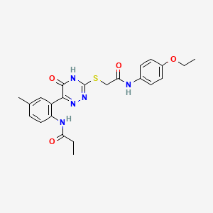 molecular formula C23H25N5O4S B11283449 N-{2-[3-({[(4-Ethoxyphenyl)carbamoyl]methyl}sulfanyl)-5-oxo-4,5-dihydro-1,2,4-triazin-6-YL]-4-methylphenyl}propanamide 