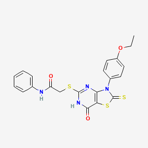 molecular formula C21H18N4O3S3 B11283936 2-((3-(4-ethoxyphenyl)-7-oxo-2-thioxo-2,3,6,7-tetrahydrothiazolo[4,5-d]pyrimidin-5-yl)thio)-N-phenylacetamide 