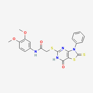 molecular formula C21H18N4O4S3 B11284838 N-(3,4-dimethoxyphenyl)-2-((7-oxo-3-phenyl-2-thioxo-2,3,6,7-tetrahydrothiazolo[4,5-d]pyrimidin-5-yl)thio)acetamide 