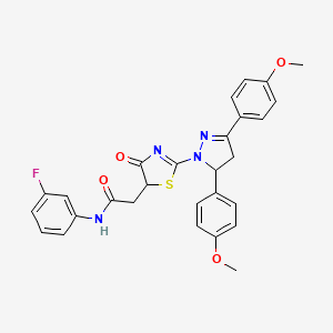molecular formula C28H25FN4O4S B11289480 2-{2-[3,5-bis(4-methoxyphenyl)-4,5-dihydro-1H-pyrazol-1-yl]-4-oxo-4,5-dihydro-1,3-thiazol-5-yl}-N-(3-fluorophenyl)acetamide 